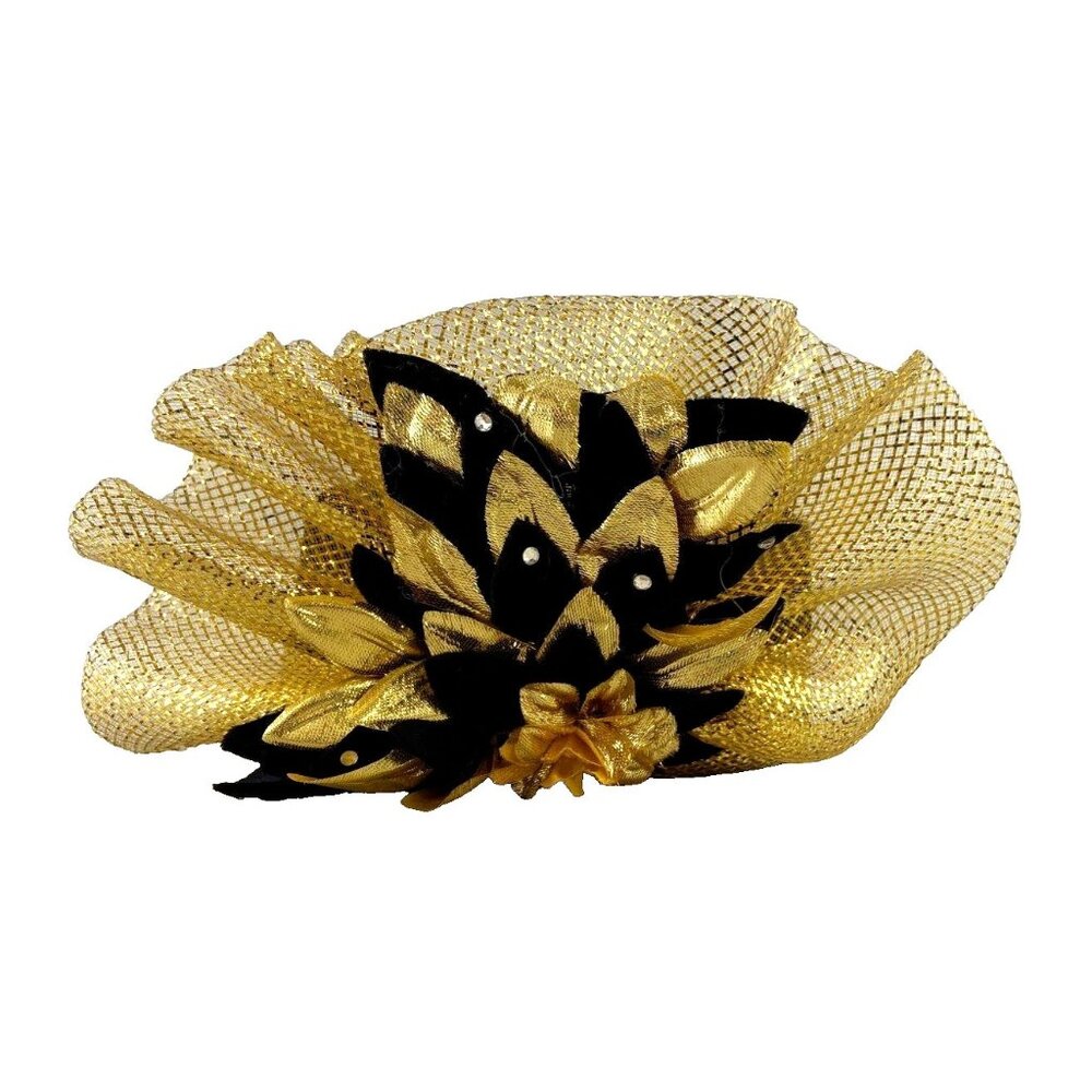 Vintage Mr. Hi's Classic Black Gold Hat Fancy Derby Church Rhinestone Mesh